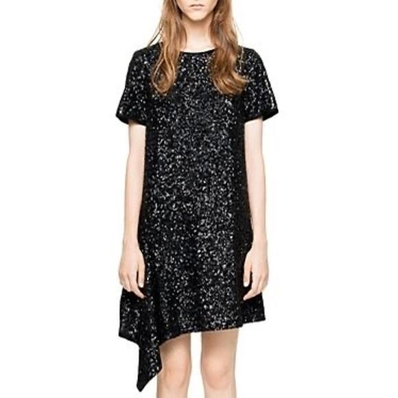 Zadig & Voltaire Deluxe Racine Sequined Dress Black Mini Handkerchief Hem Goth - Picture 1 of 12